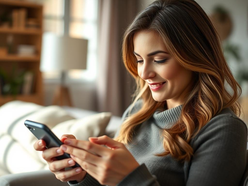 Woman sending a thoughtful text message to find the ideal man connection Woman sending a thoughtful text message to find the ideal man connection